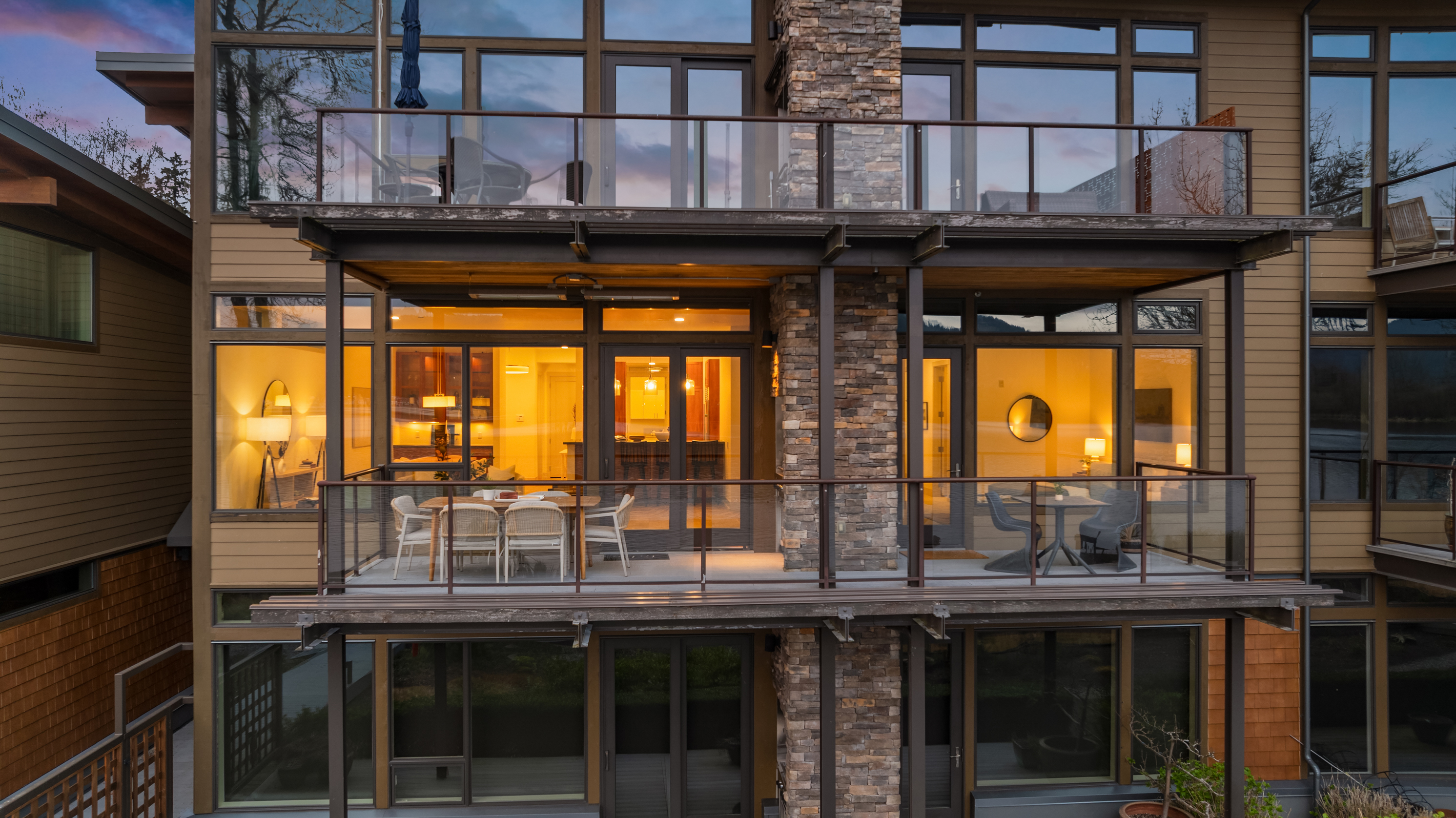 Modern townhouse facade at dusk