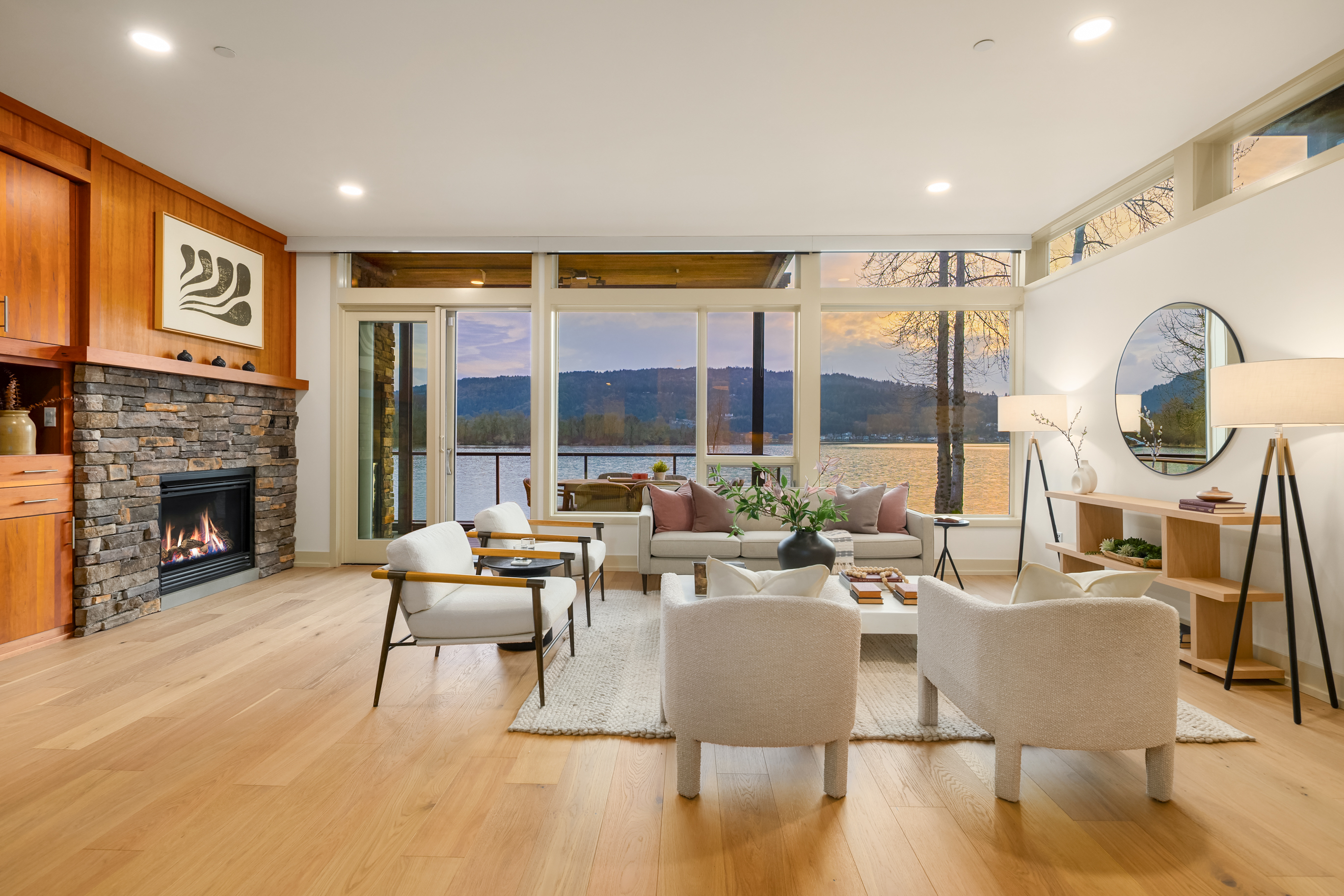 Living room with fireplace and panoramic windows