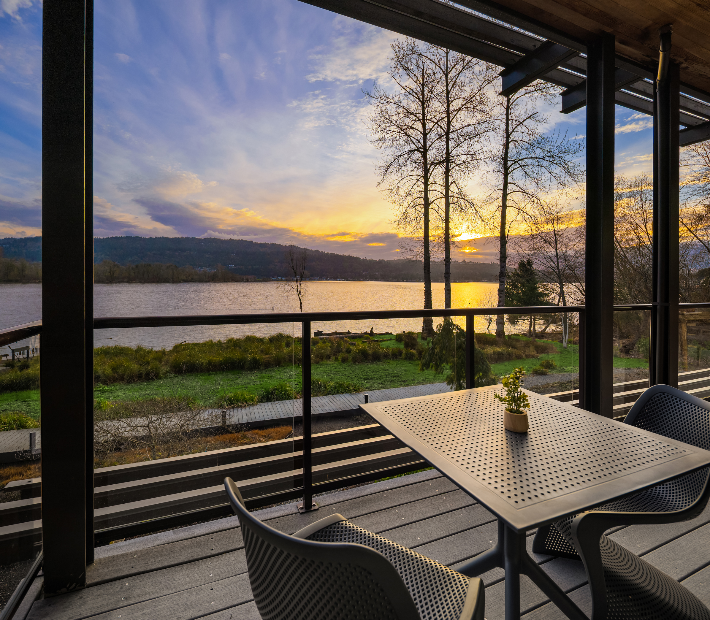 Sunset over Lake Sammamish from covered deck